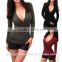 2015 cheap sexy women plain jersey long sleeve low cut v neck wrap stretch fitted blouse