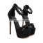 Ladies sexy rivet ankle strap black platform stiletto high heeled back zip sandals heels shoes