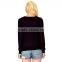crew neck long sleeve black women winter sweater with white hollow out stripe