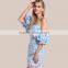 Cute frill puff sleeve off the shoulder blue gingham mini dress
