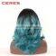 short style body wave black to green ombre wig