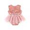 The Latest Pink Velvet sleeveless applique baby romper with Big lace bowknot beautiful headband Wholesale for baby
