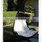 Outdoor patio handwoven black swing hanging chair with white cushions