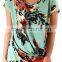 Wholesale Private label clothing Plus Size US Women Floral Print Short Sleeves Front Side Knot Tees