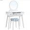 Dressing Table Set with Round Mirror 2 Drawers and Cushioned Stool White