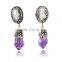 Silver Silver Plated Pearl & Natural Rough Amethyst With Black Gun Zircon Dangle Jewelry Stud Earrings