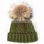 Myfur Khaki Green Wool Knitting Cap and Hat for Adults With Real Raccoon Fur Pom Pom