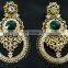 Top Designer Trendy Wedding Collection Gold Plated Kundan Earrings Set In Green Color