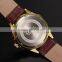 Gold Stainless Steel Case Auto Date Analog Genuine Leather Band Quartz Men Casual Watch
