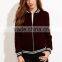 Jacket Women Winter Burgundy Stand Collar Bomber Jacket Slim Fit Velvet Blazer With Striped Trim Detail