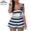 2016 BAIYIMO Women's Stripes Ruffle Silky Backless Romper Jumpsuit Plus Size