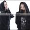 Women Black Assimetric Zip Collar Cotton Fleece Hood Sweatshirt Dark