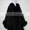 Lady fashion Black Color Cashmere Poncho with Fox Fur Trim Cape