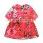 Fashion style red girls dress printed with plum blossom and animals girls dress