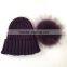 Myfur Women Ribbed Wool Blend Knitting Beanie Hat Real Raccoon Fur Ball Winter Cap