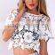100% Polyester short sleeve round neck crop top,elegant fashion lace top