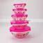 flower Decal printing set of 5 pcs glass salad bowl with pink plastic lids