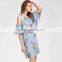 Oblique Shoulder Layered dress, 2017 ladies blue floral print dress