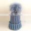 Myfur Wholesale Raccoon Fur Pom Pom Adult Couple Knitting Beanie in Sky Blue
