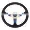 car race tuning titanium blue spoke steering wheel leather wrap, 14 inch horn button race car steering wheel