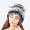 QD80615 2015 Newest Style Russia Knit Real Rex Rabbit Fur Trapper Hat With Silver Fox Fur Balls Hot Sale Korea Woman