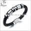 Mens Black Leather Bracelet with Stainless Steel Charms of Cross Genuine Leather Wristband Bangle