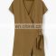 latest fashion linen blend wrap neckline short sleeve side pockets elastic back waistband women jumpsuit