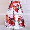 Women Fashion Retro Elastic High Waist Knee Length Flower Print Pleated Puff Midi Skirt