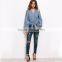 Clothes Women Blouse Long Sleeve 2017 Loose Shirt Blue Cutout Zip Up Knot Front Chambray Blouse