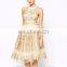 New style lace dress designs high neck embroidery metallic lace midi prom dress 2015