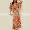 Bat sleeve printed ethnic clothing women kaftan open back design maxi dress