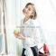 Woman fashion long bell sleeve white color bow front loose chiffon blouse