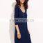 Navy Drop Shoulder Long Sleeve Side Slit Dress Polyester Spandex Casual Plain V Neck Short Dress