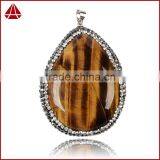 Tiger Eye Gemstone Pendant, Pearl Jewelry & Drop Shape Tiger's Eye & Zircon Pendant Bead Silver Plated Clasp thumbnail-2
