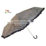 Manual Open Compact Folding Rain Umbrella With Lace Trim