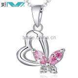 Sterling Silver Pink Stone Butterfly and Plain Heart Necklace thumbnail-1