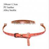 Fashion Rhinestone Inlaid Rivets Decorated Pin Buckle Sex Girl Thin Pink PU Waist Belt thumbnail-2
