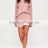 Hot Sale Pink Stripe Hoodies Drop Shoulder Custom Color 100% Cotton And Piping Running Short Pyjamas Set thumbnail-5