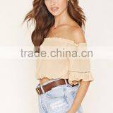 2016 Hot Sale Plain Dyed Cotton Summer Fashion off Shoulder Long Sleeve Lady Pants and Blouse thumbnail-2