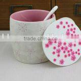 Creative Simple Barrel Shape of White120 oz Carved Sakura Gift Ceramic Coffeee Mug With Lid thumbnail-1