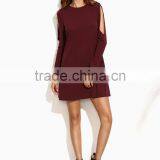 Burgundy Open Shoulder Swing Dress Cotton Polyester Blend Long Sleeve Casual Dress thumbnail-5