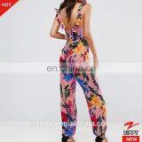 2017 New Fashion Summer Beach Tie Back Floral Pink Print Ladies Casual Ruffle Long Women Jumpsuit thumbnail-3