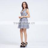 12735 V-neck Lace Tulle Harder Mesh With Satin Grey Sleeveless Cute Prom Party Dress thumbnail-5