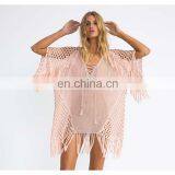 2019 Knitted Beach Cover up V-neck Tassel Tunics for beach Women Plus size Swimwear Cover ups Crochet Bikini Cover up Beach wear