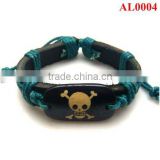 2012 Hot blue cords connecting leather bracelet with a black wooden charm AL0004