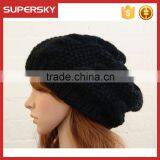 V-22 Chunky Knit Cable Baggy Beanie in Black Slouchy Knit Pattern Plain Winter Hat thumbnail-3