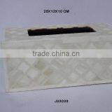 Brown and White Bone Mosaic Tissue Box in Curving Mosaic on Wood thumbnail-1