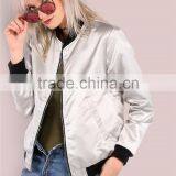 Women Satin Zip Up Jacket Sleek Metallic Bomber Jacket Silver Ribbing Trim Outwear With Side Pockets thumbnail-3