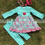 2015 New Design Turq Outfits Flower Print Girls Suit Baby Kidswear Clothes Long Sleeves Pant With Accessories thumbnail-1