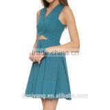 New Style 2015 Women Fashion V Neck Cut Out Front Mini Pleated Jacquard Dress Photo thumbnail-2